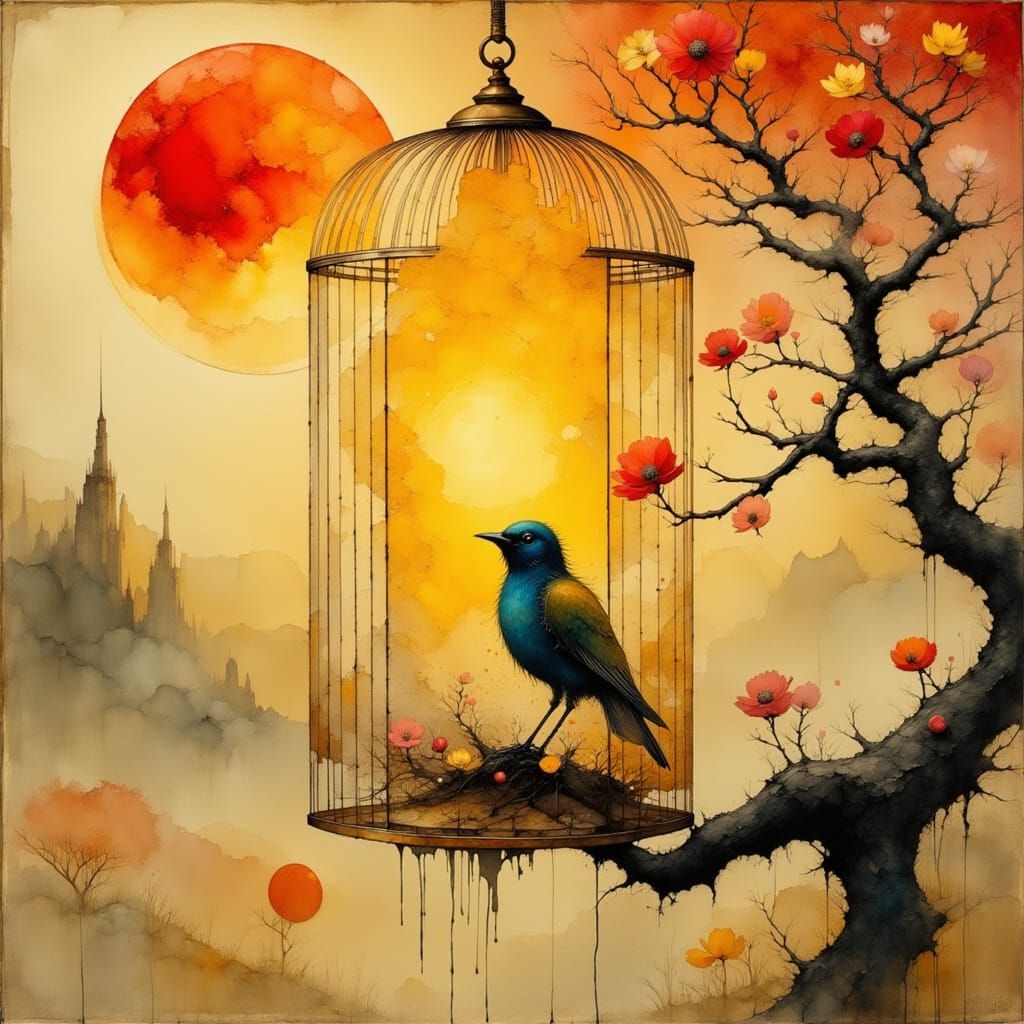 Birdcage with Bird Near Glowing Sun