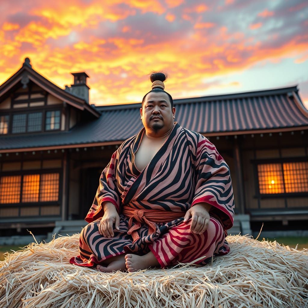 Dignified Sumo Fighter in Zebra Mawashi before Traditional J...