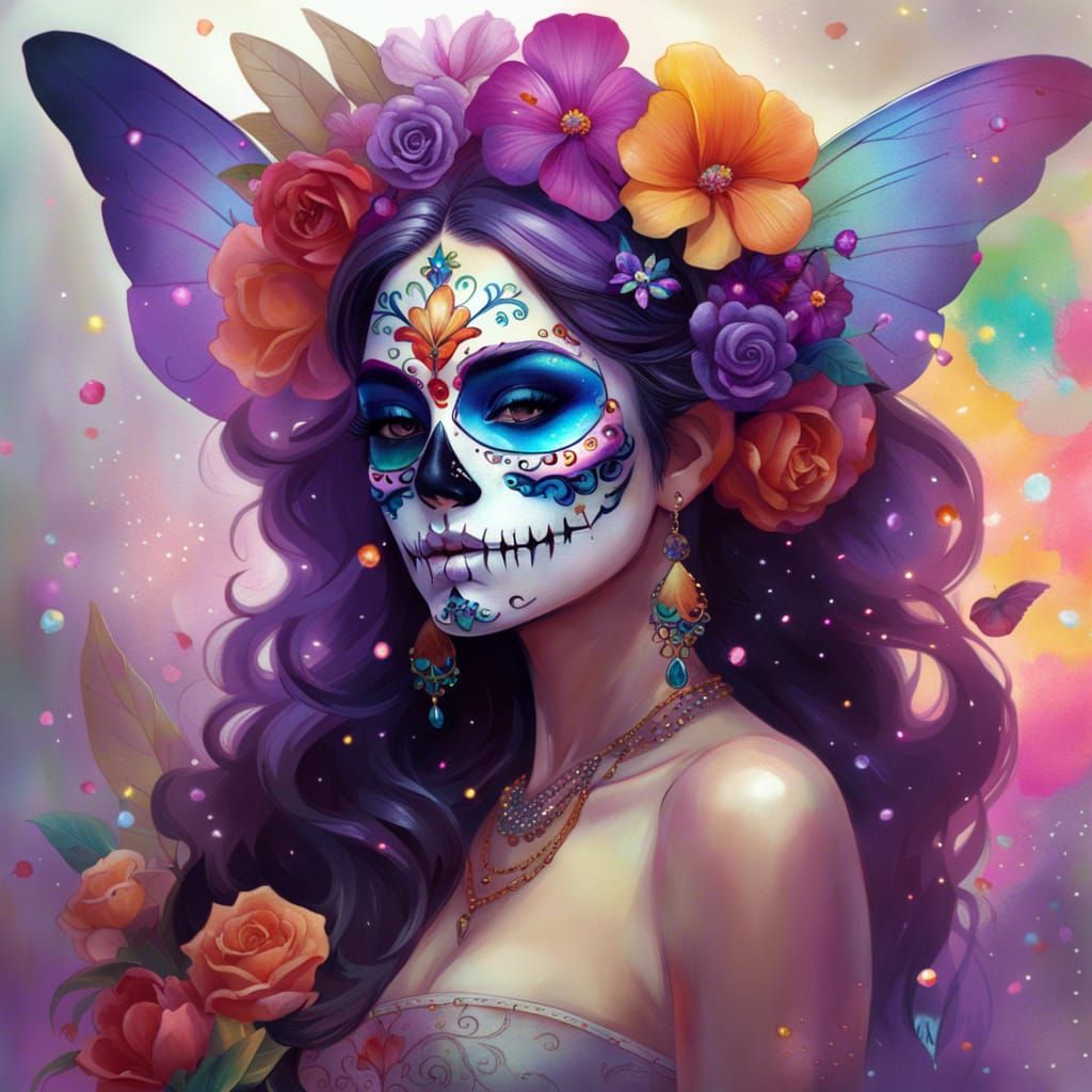 Vibrant Day of the Dead Fairy with Rainbow Particles