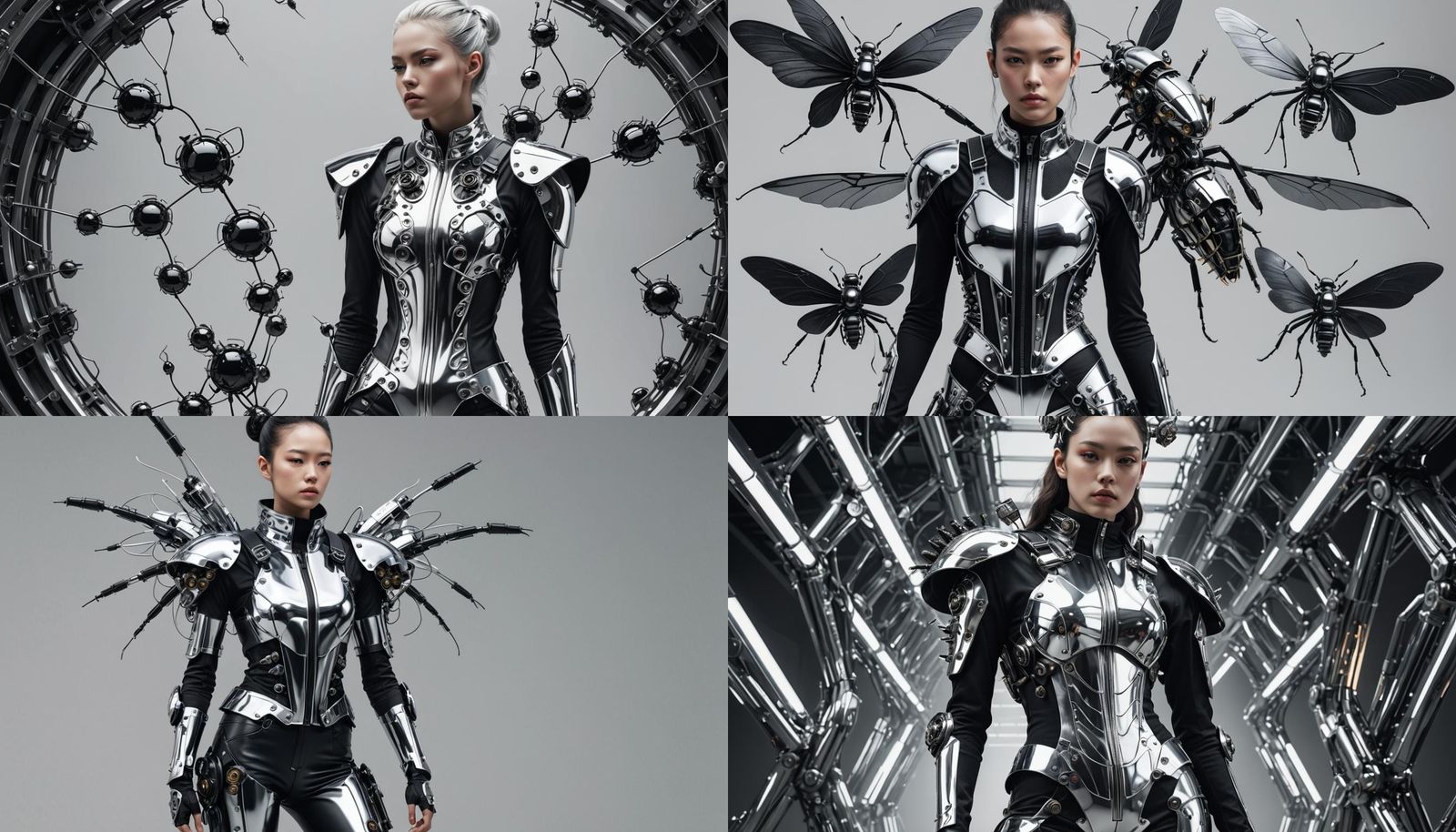 a woman in a chrome cybernetic surrounded by insects