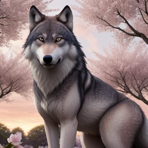 Wolf Under Cherry Blossoms: Vibrant Oil Painting