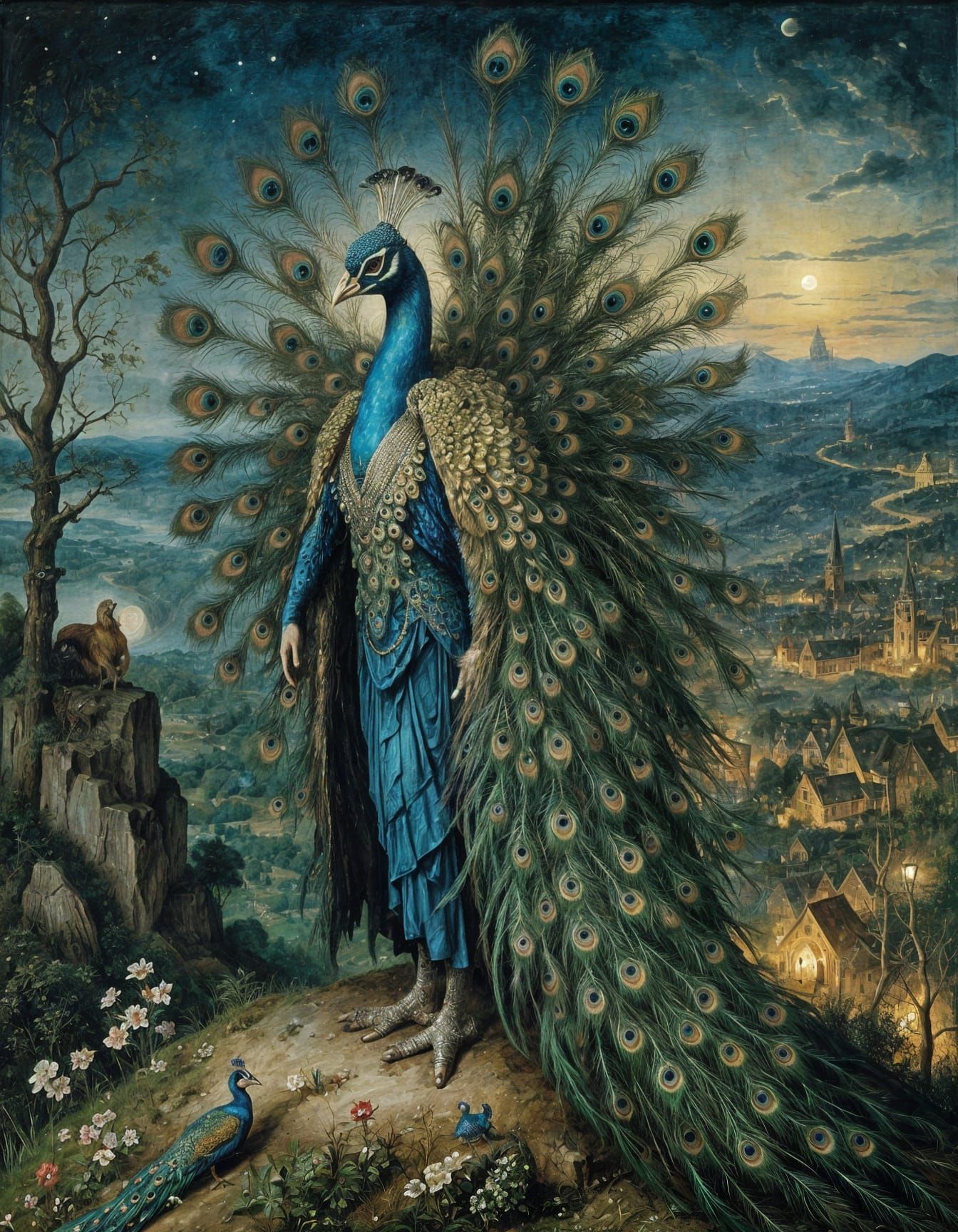 Majestic Hybrid Human Peacock Under Nighttime Skies in Hyper...