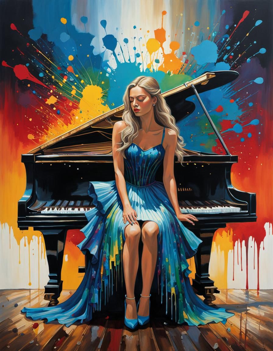Woman at Distressed Piano in Maximalist Acrylic Art