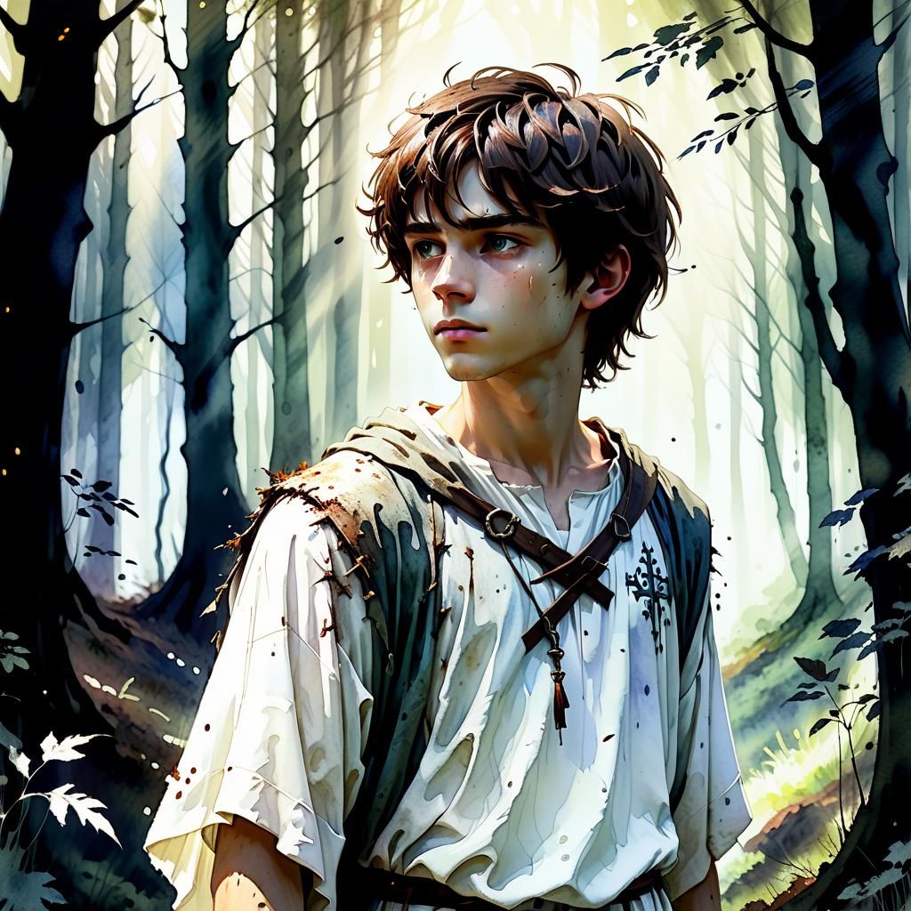 Medieval Boy in Forest, Watercolor Illustration