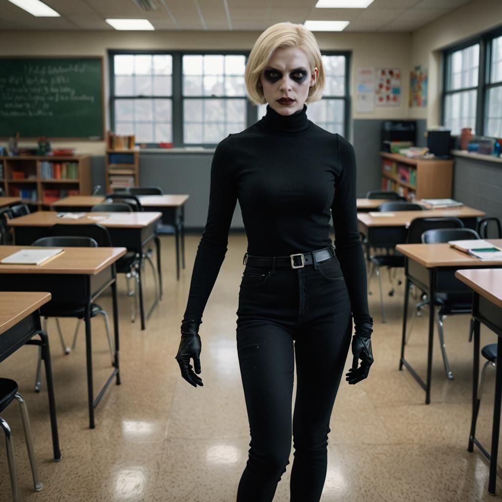 Undead Vampire Teacher in Classroom: Hyperrealistic Photo