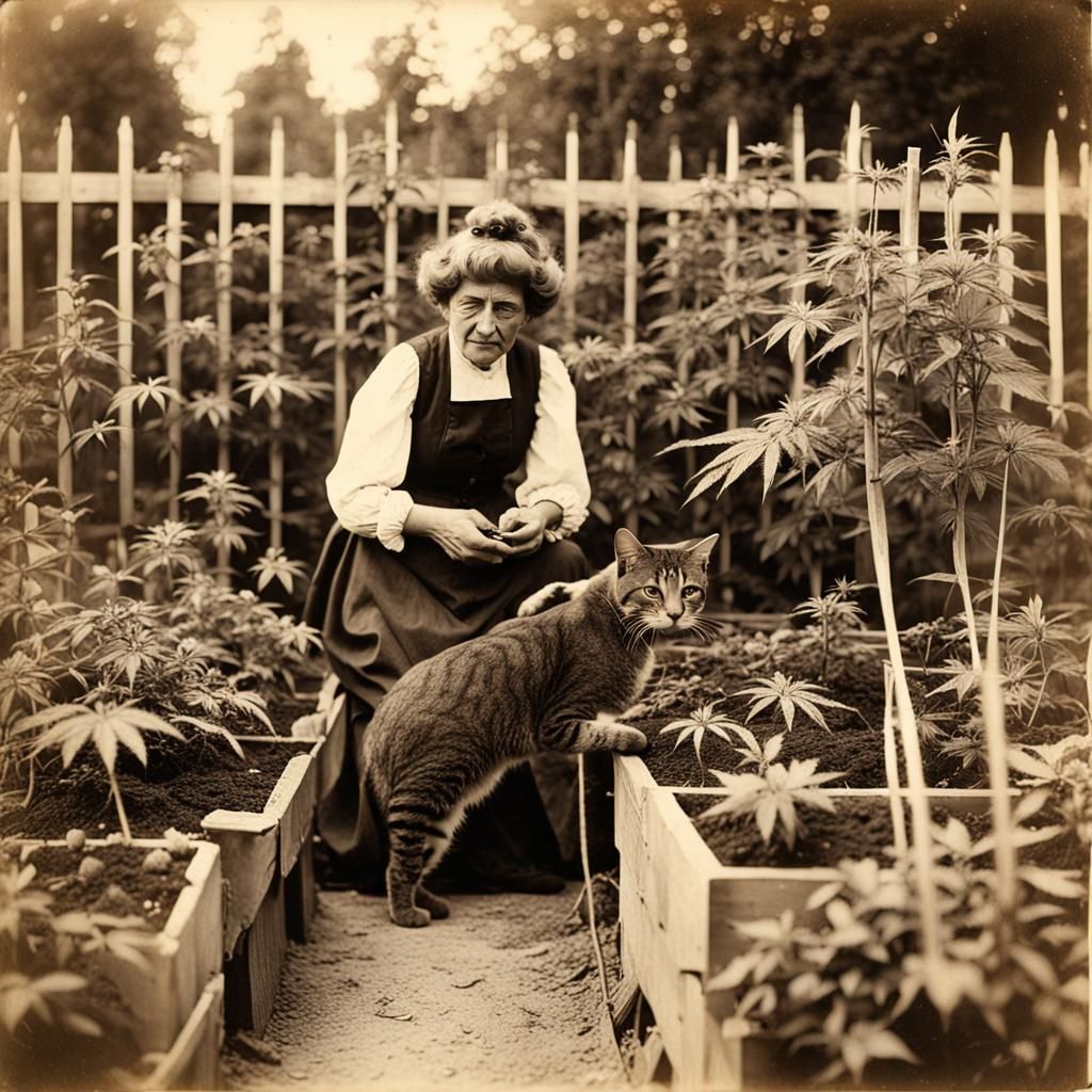 Woman in Cannabis Garden with Cat, Vintage Collage