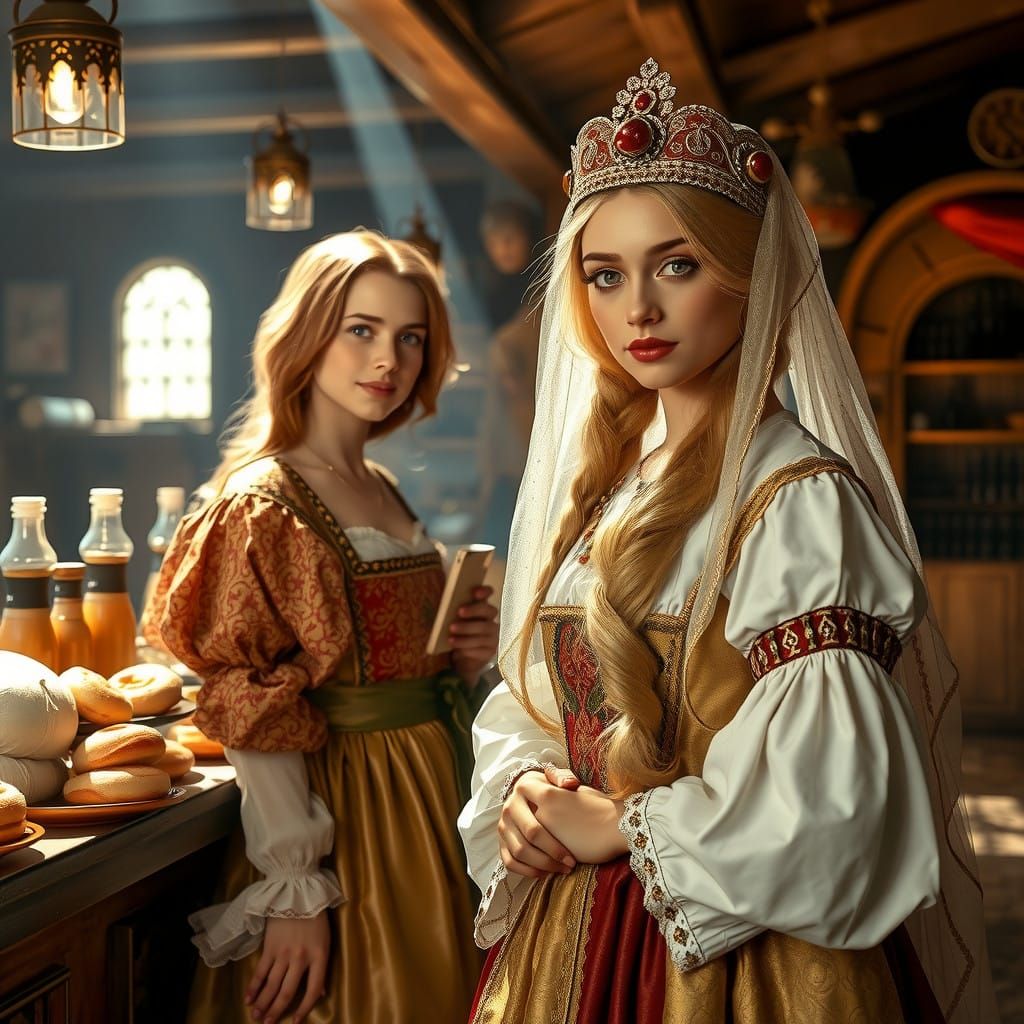 Golden Tsarina Evdokija in Traditional Russian Garb, Surroun...