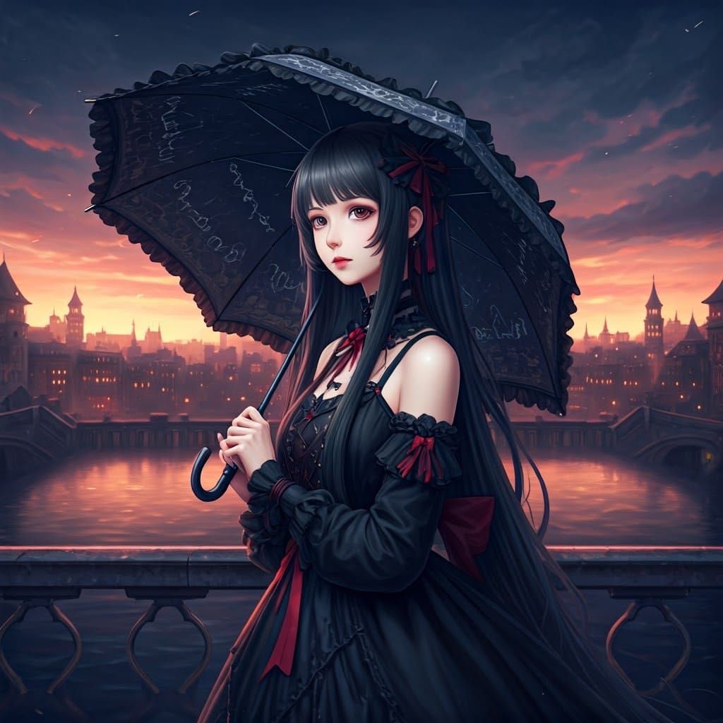 Gothic Girl with Ornate Umbrella in Anime Style