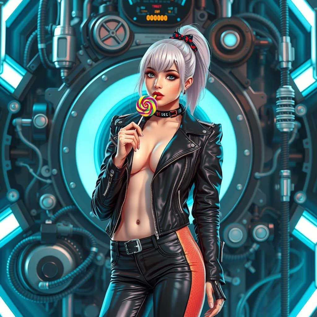 Cyborg Woman with Lollipop in Cyberpunk Style