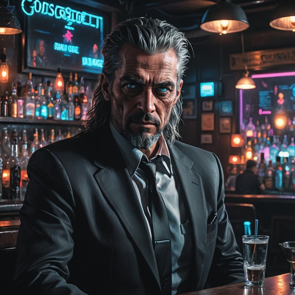 Cyberpunk Man with Icy Gaze in Neon Shadows