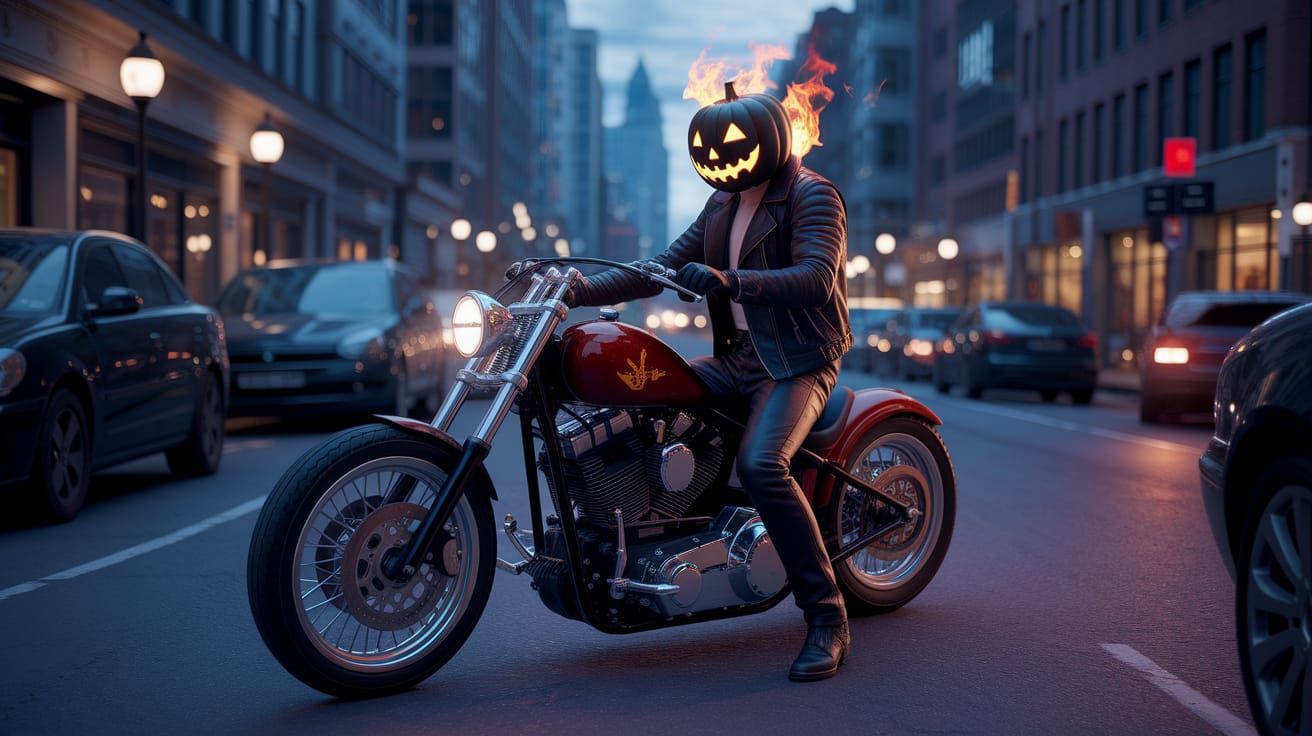 Dark Fantasy Biker with Jack O' Lantern Head on Chopper Moto...