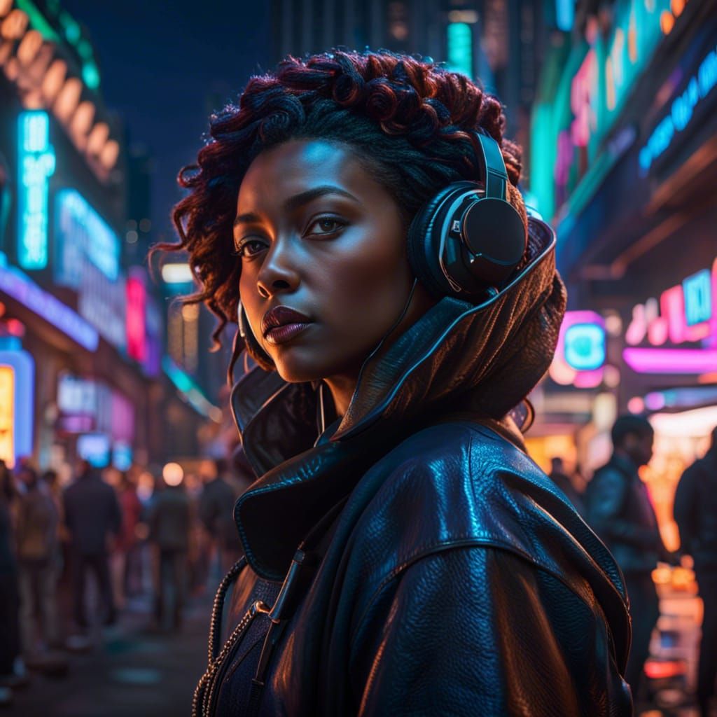 Futuristic Market with Neon Signs in Photorealistic Style