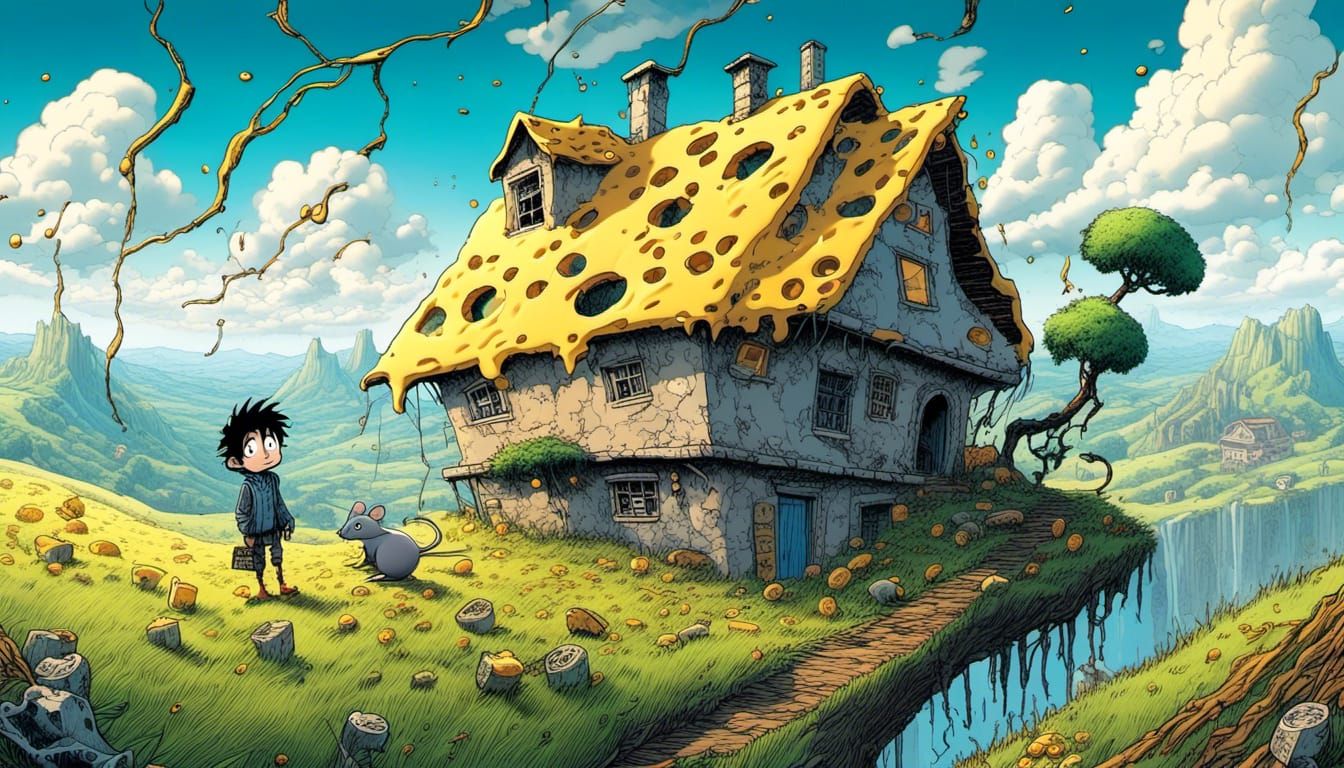 Vibrant Rat Boy Admires the House of Cheese in a Surreal Lan...
