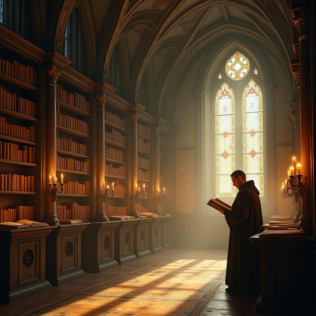 St Thomas Aquinas Studying in Medieval Library