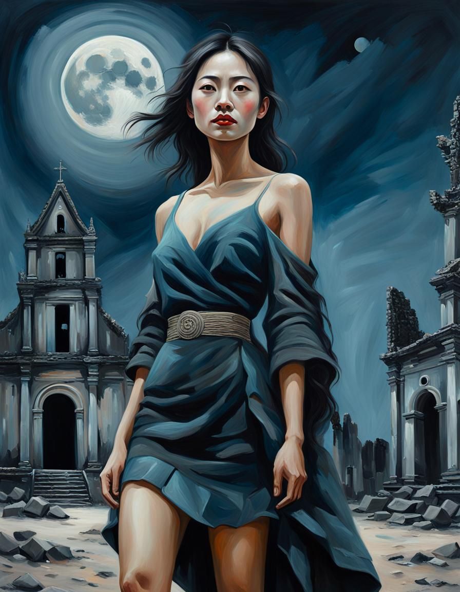 Vietnamese Woman Under Moonlit Sky as Oil Painting
