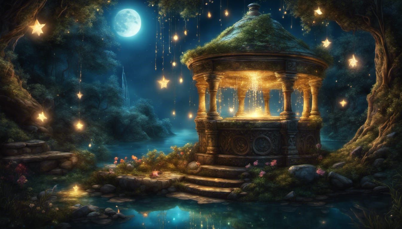 Enchanted Wishing Well with Fireflies, Digital Matte Paintin...