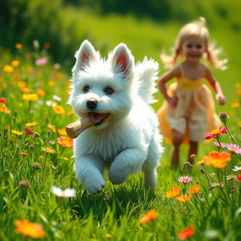 Dog's Joyful Meadow Run: Fantasy Matte Painting