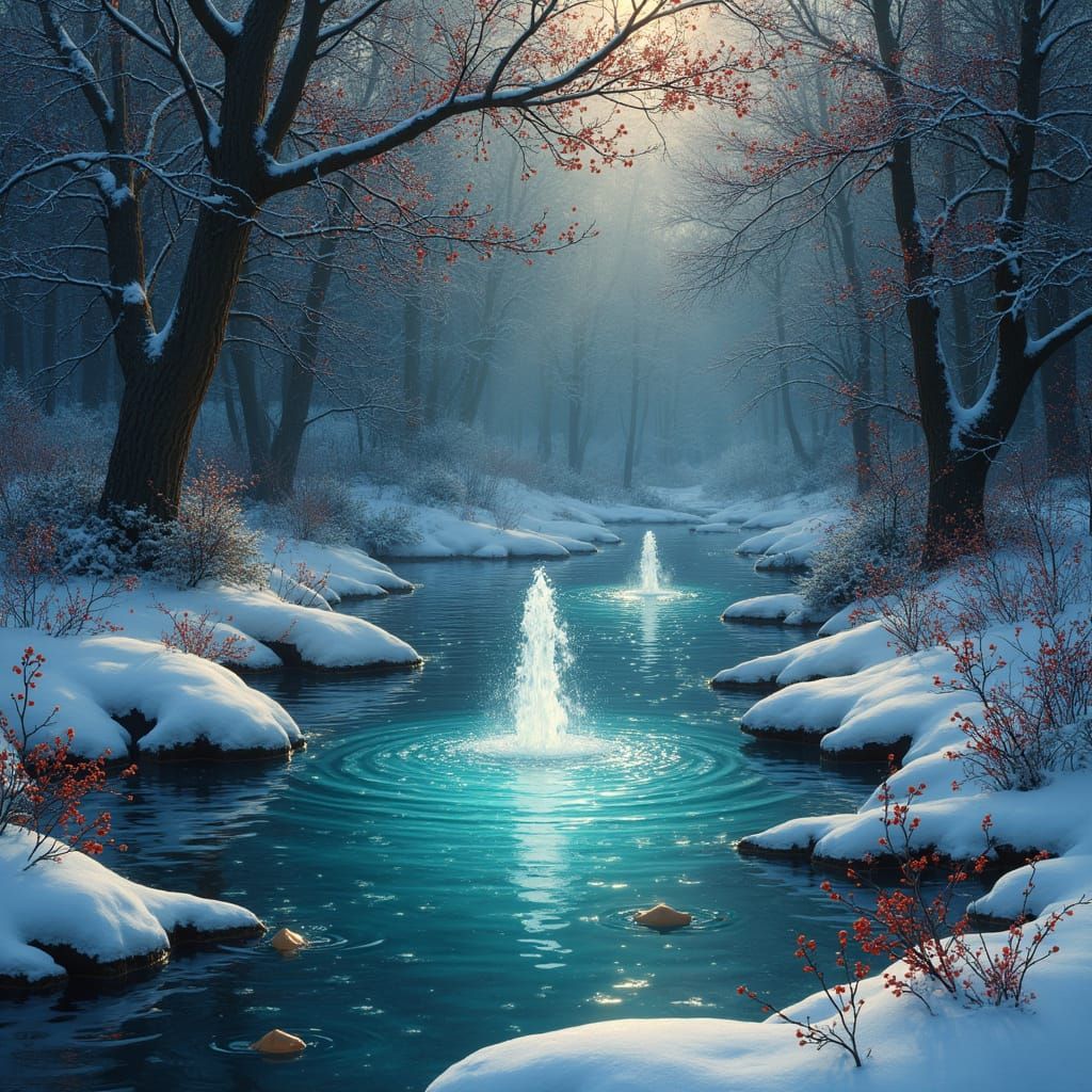 Blessed Spring with Healing Water in Winter Landscape