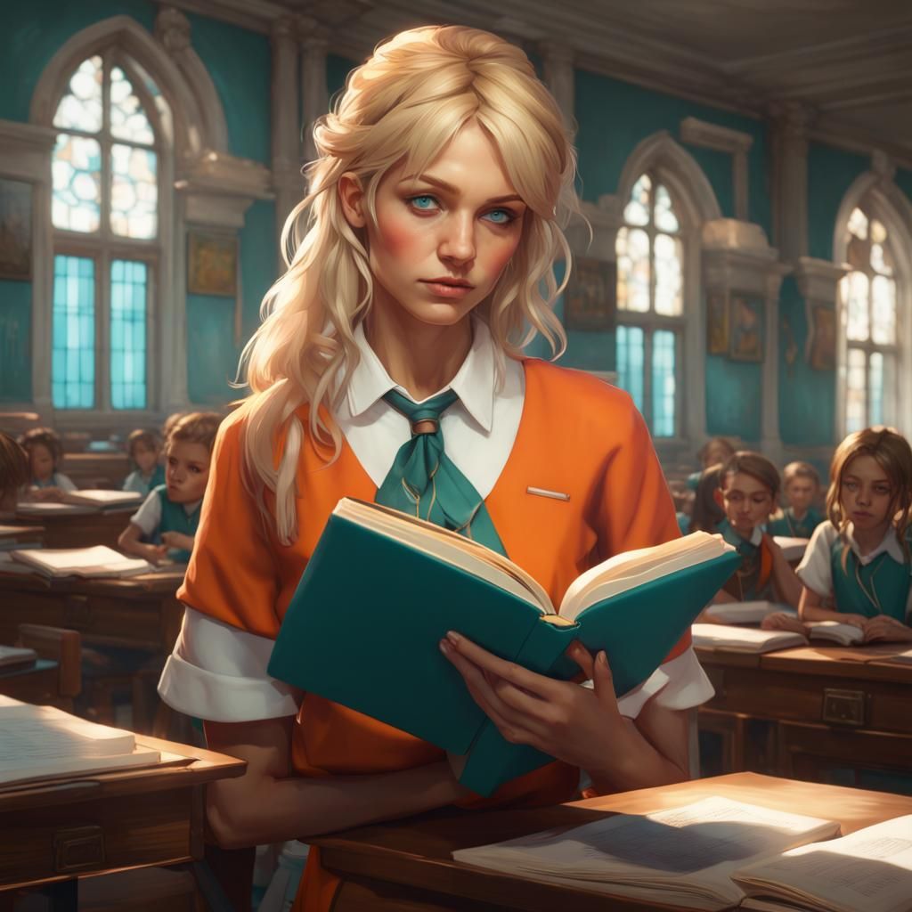 Blonde Student Reading, Hyperdetailed Concept Art