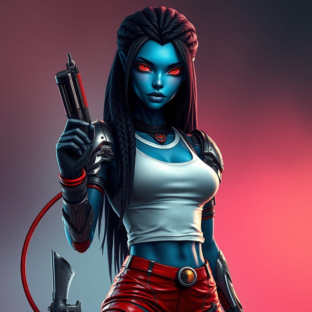 Ethereal Alien Goddess with Radiant Blue Skin and Crimson Wh...