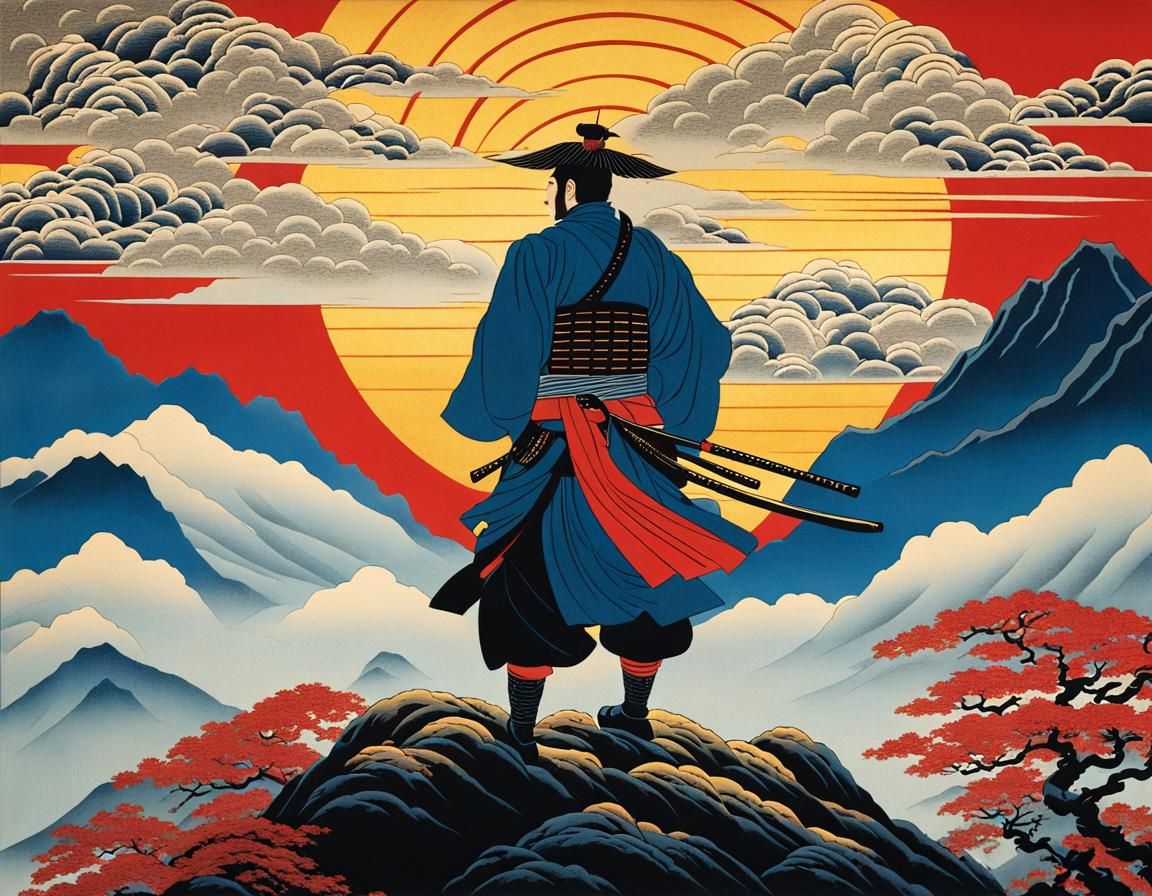 Samurai on Misty Peak in Ukiyo-e Style