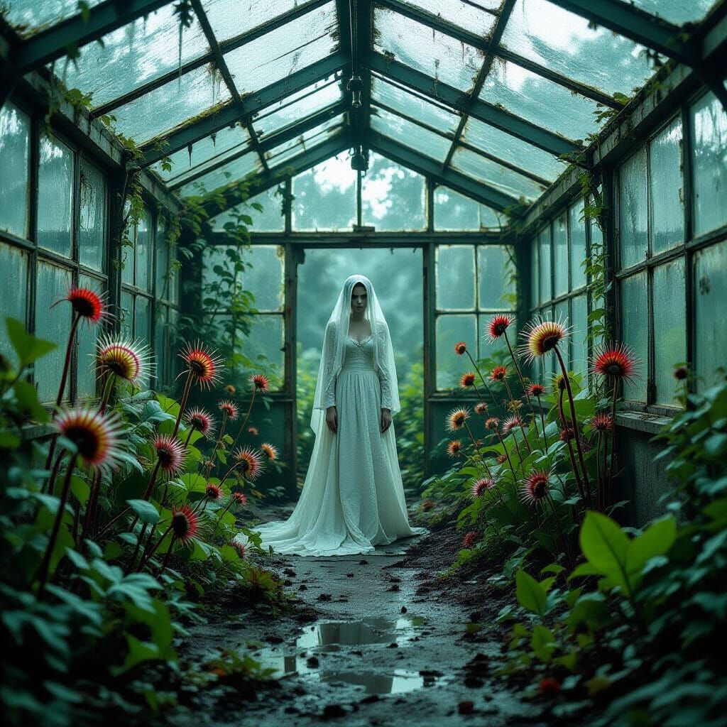 Eerie Greenhouse Spirit in Overgrown Wasteland