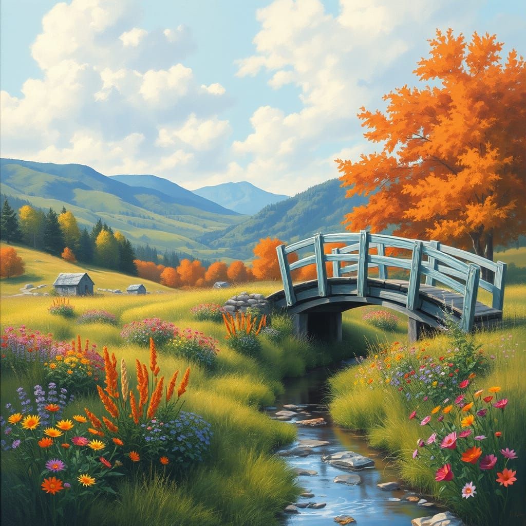 Impressionistic Garden with Stream and Blue Bridge