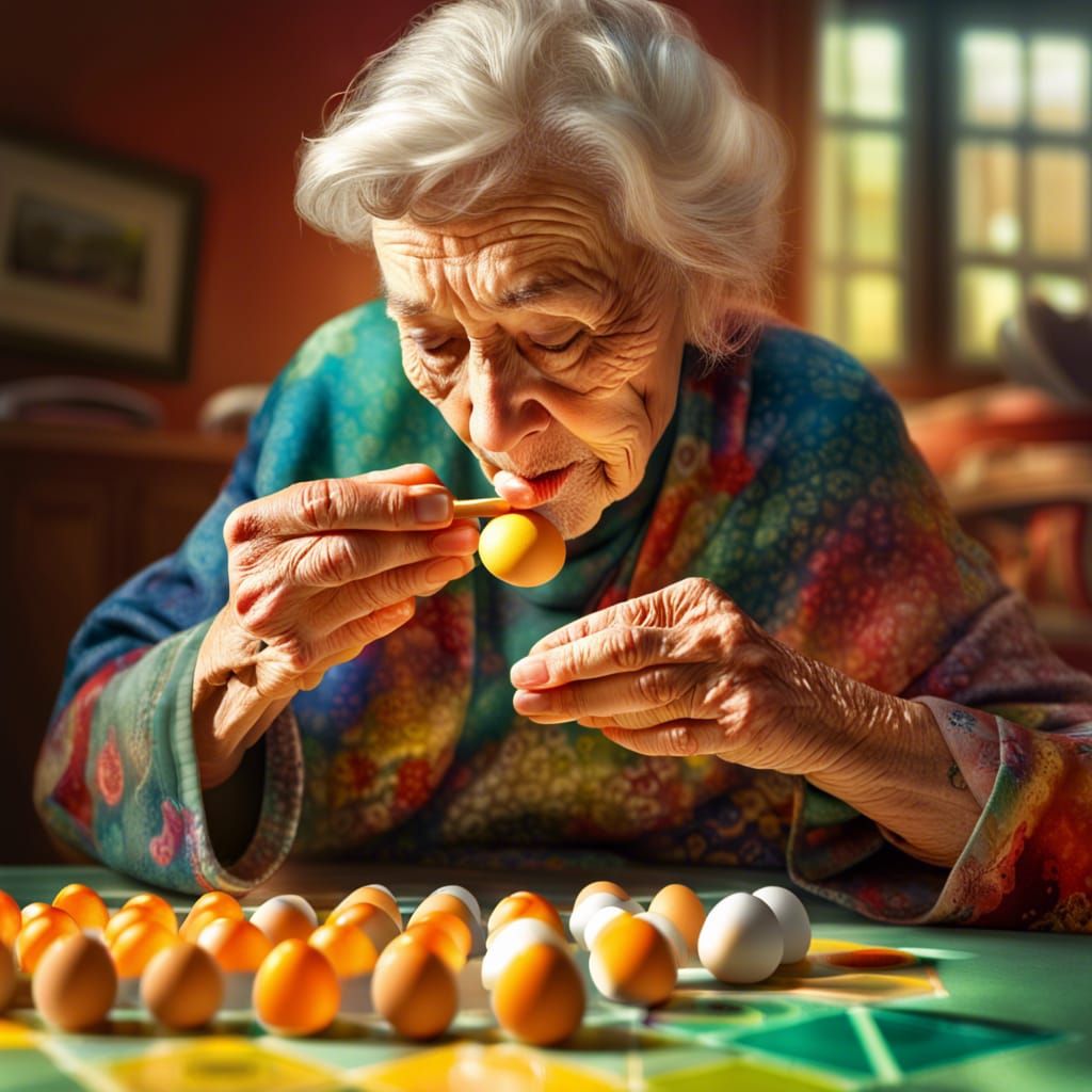 Hyperrealistic Elderly Woman's Parcheesi Game
