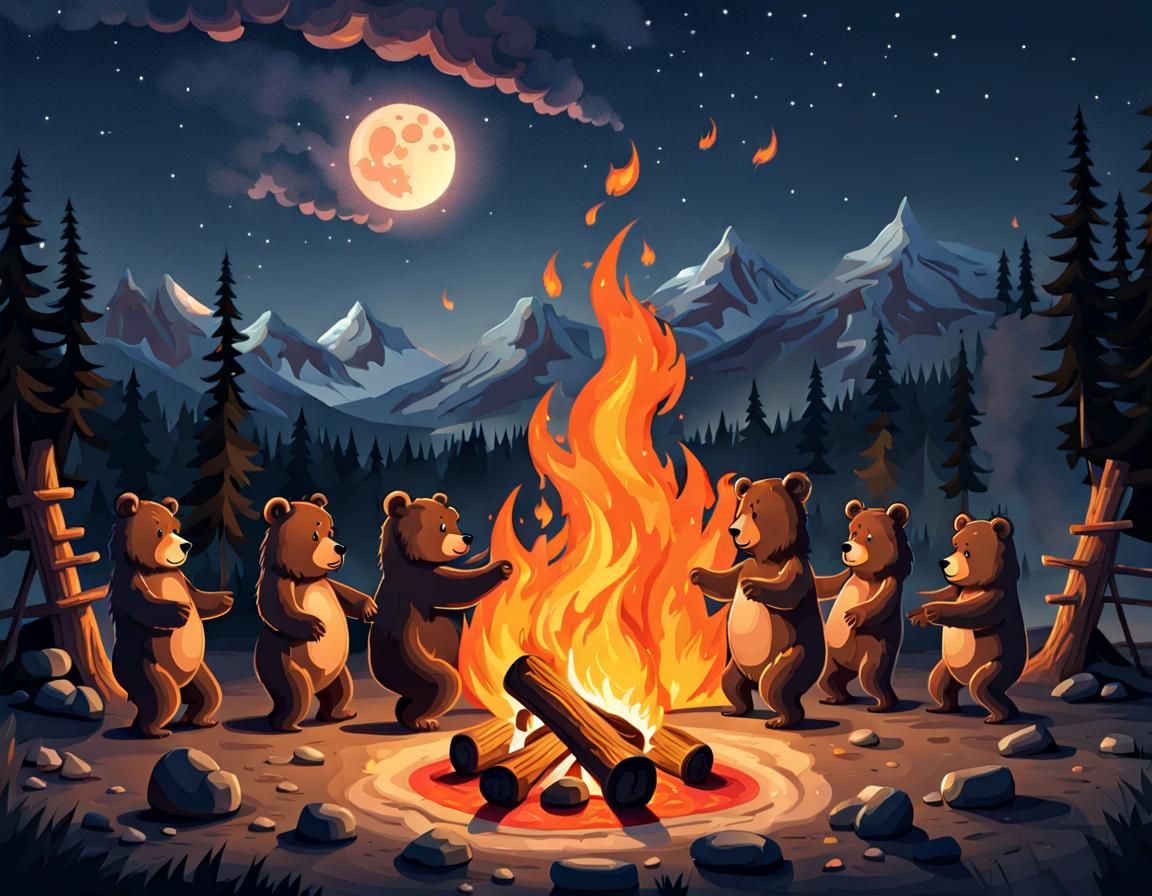 Cute Bears Dancing Around a Fire