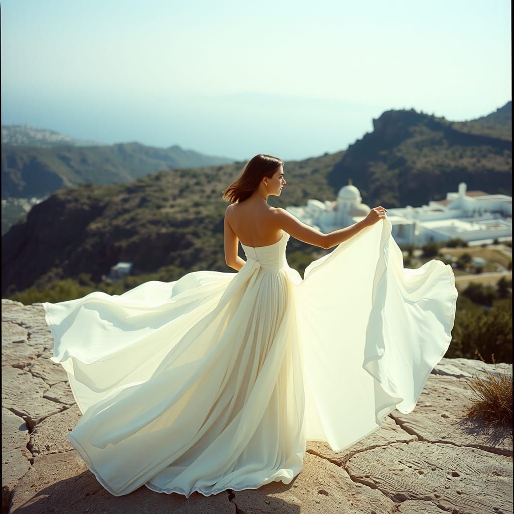 Greek Woman in White Gown, Cinematic Film Still