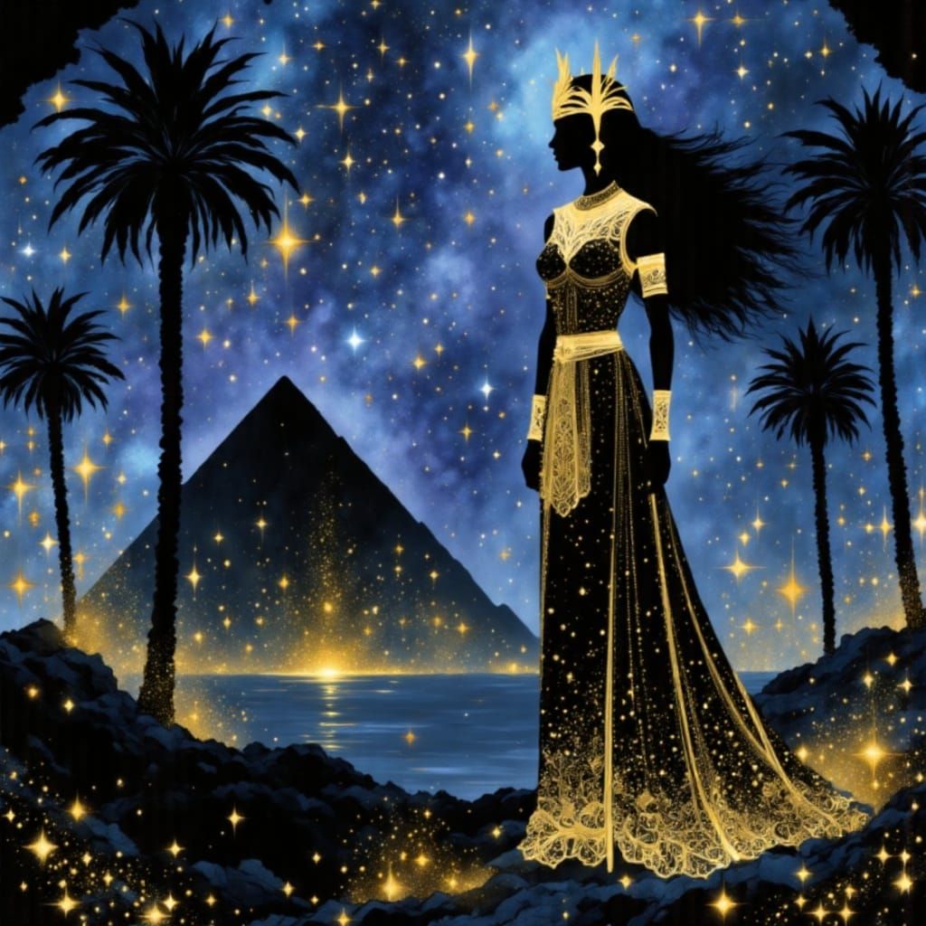 Egyptian Goddess Isis Silhouette Under Night Sky