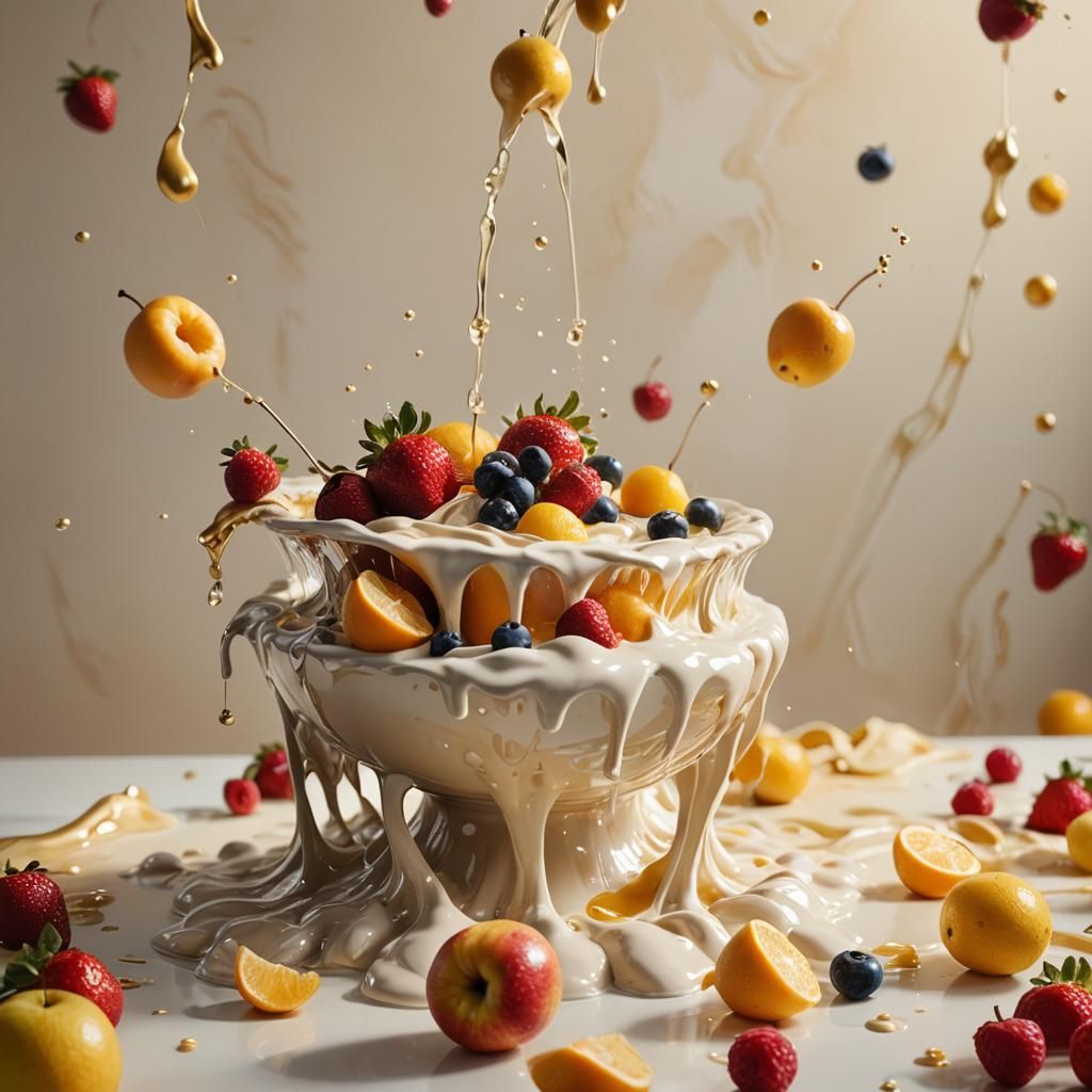Hyperrealistic Fruit Bowl with Flowing Cream