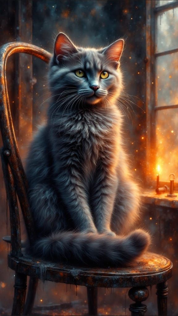Majestic Grey Cat on Chair by Firelight in Matte Painting St...