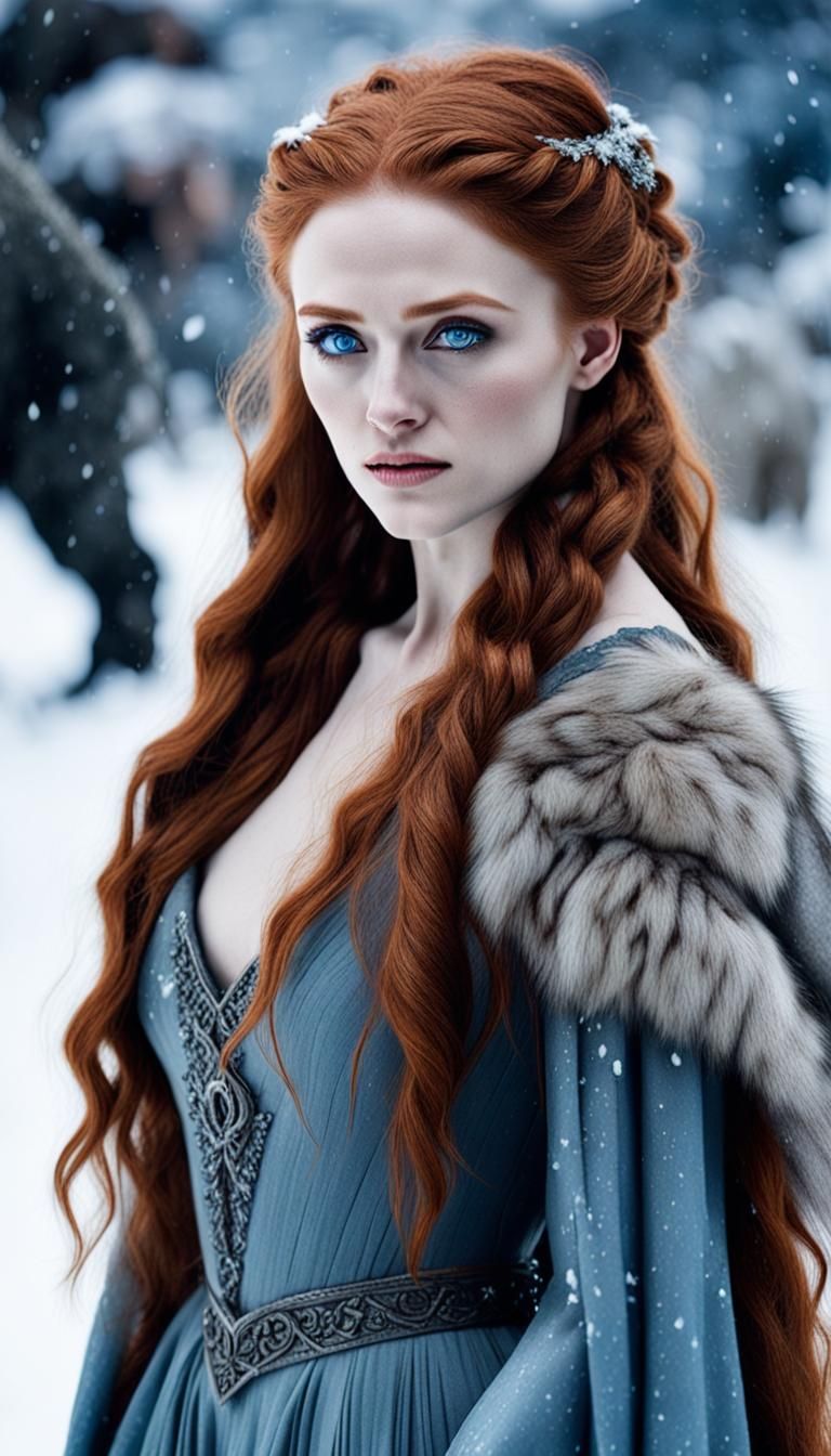 Red-Haired Woman in Fur Dress in Snowy Landscape