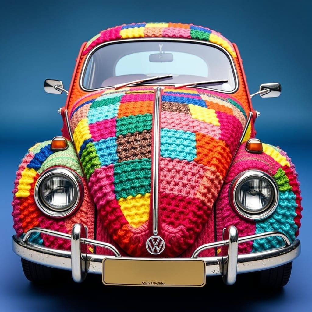Vibrant Volkswagen Beetle in Whimsical Patchwork Yarn Art