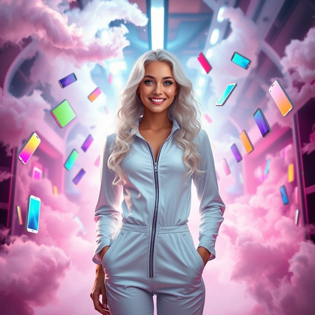 Radiant Young Woman Showcases Futuristic Mobile Phones in a ...