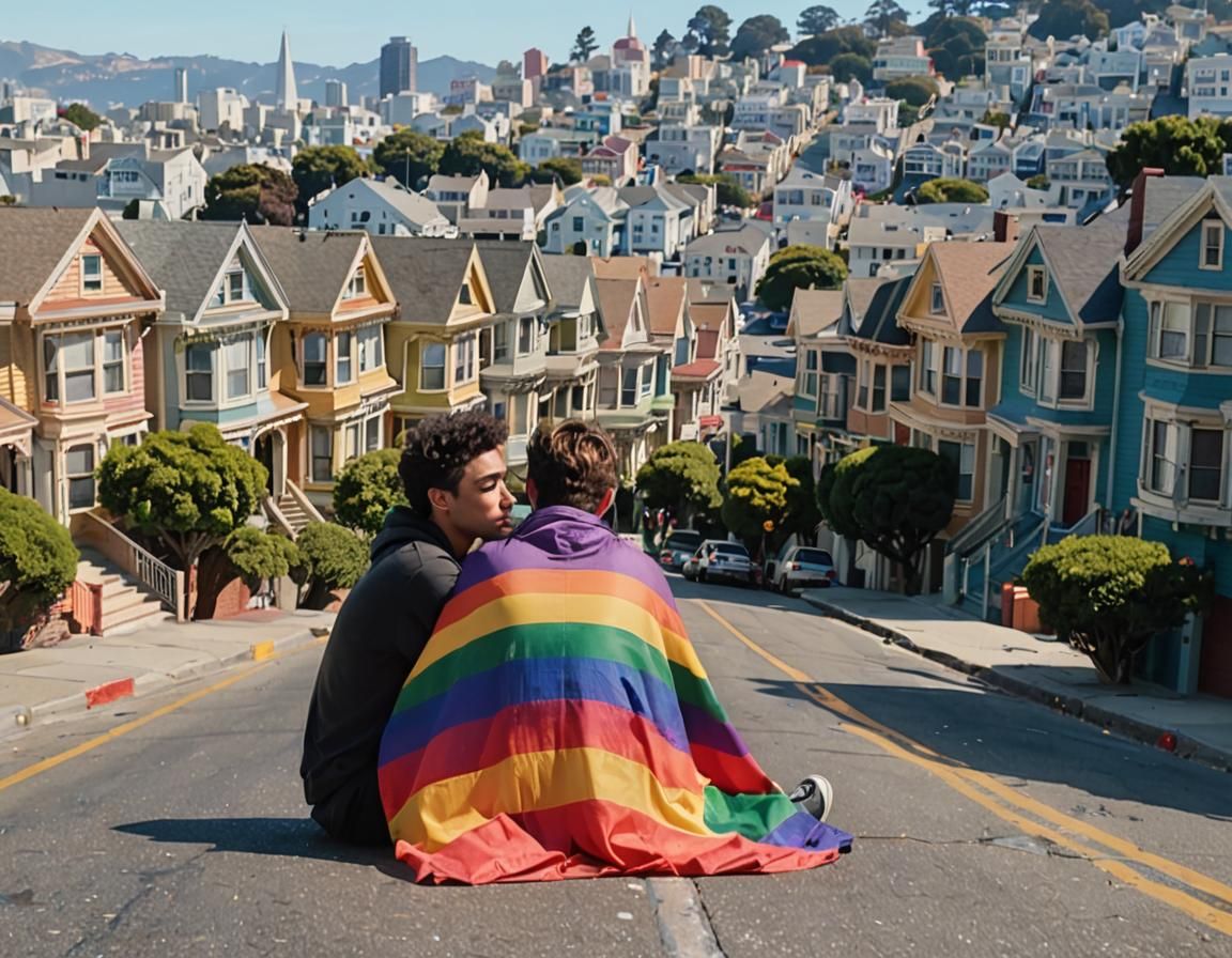 Two Young Men Share a Rainbow Flag in San Francisco