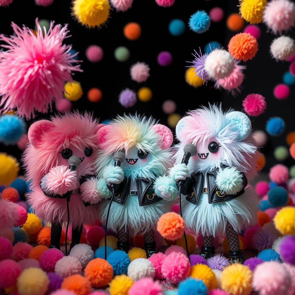 Goth-Punk Pompom Creatures in a Playful Swirling Storm