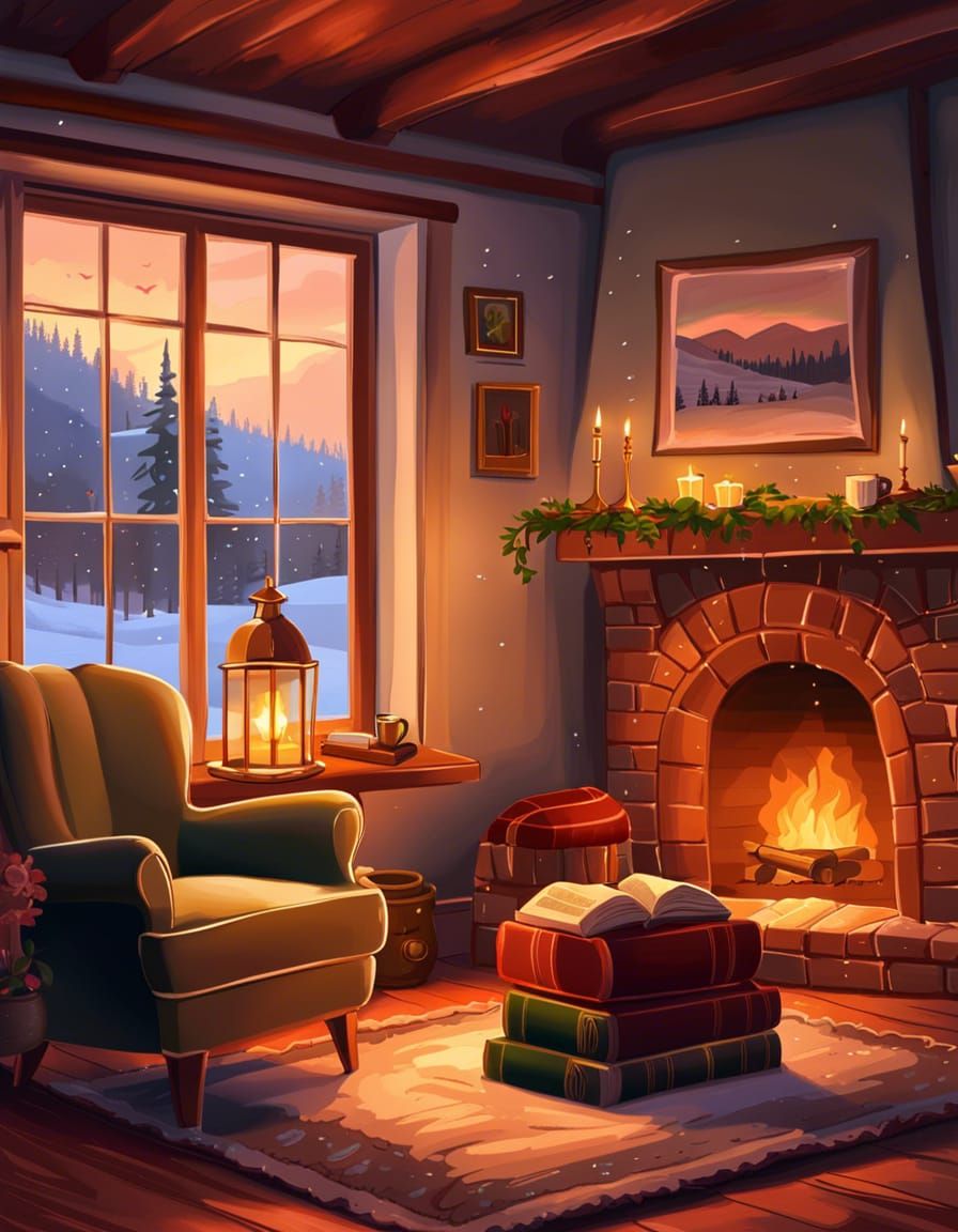 Cozy Room with Fireplace in Painterly Style