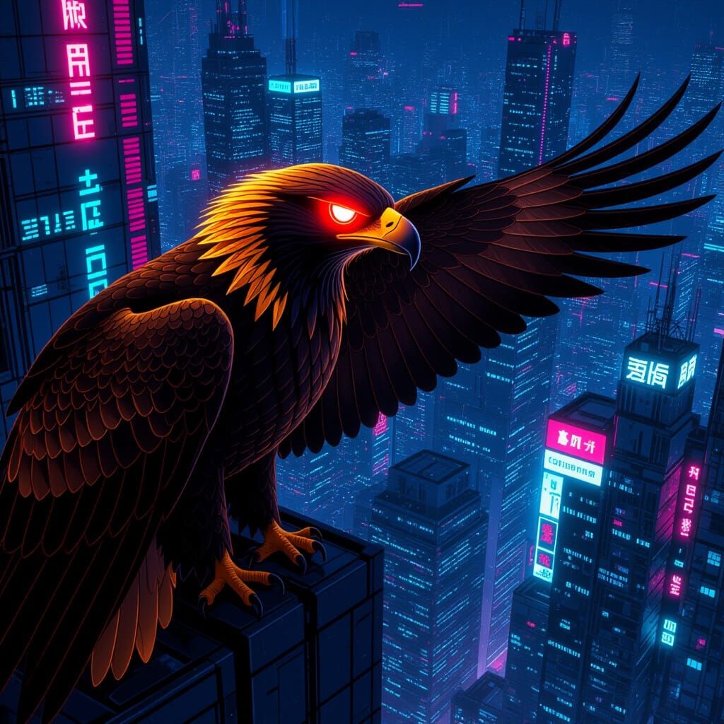 Cyberpunk Golden Eagle Surveys Neon Cityscape
