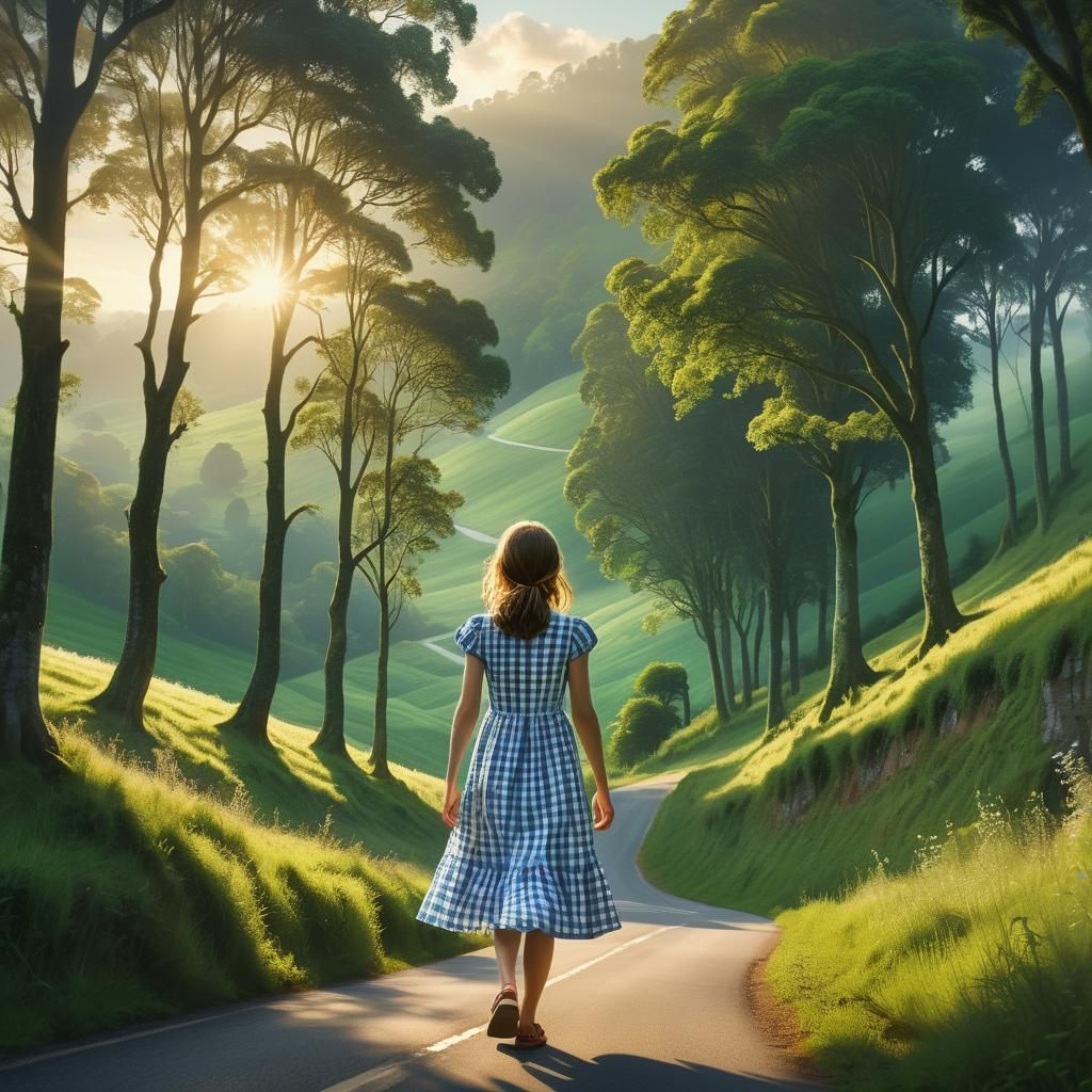 Whimsical Girl on Emerald Road: Digital Art