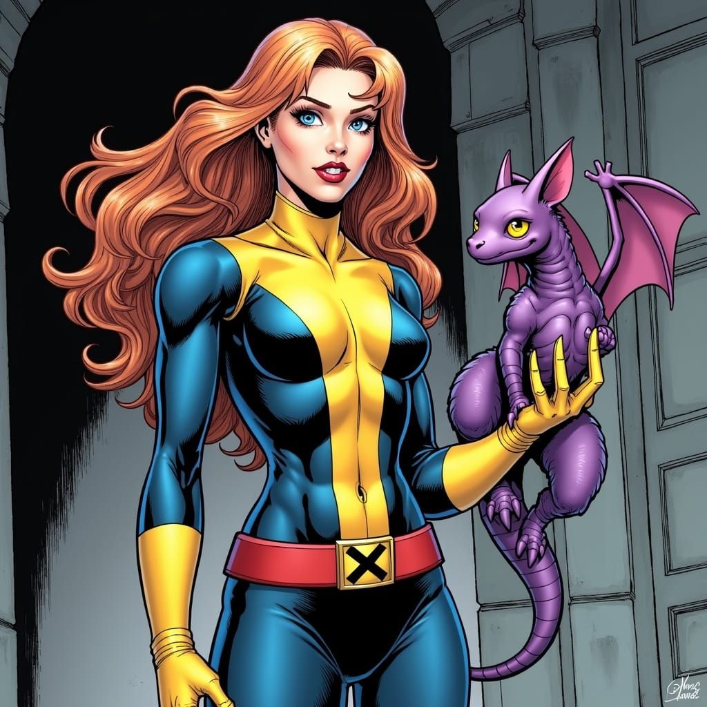 Marvel's Kitty Pryde Kneels Beside Lockheed in a Whimsical C...