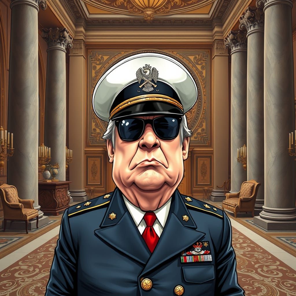 Satirical Caricature of Donald Trump in Military Garb