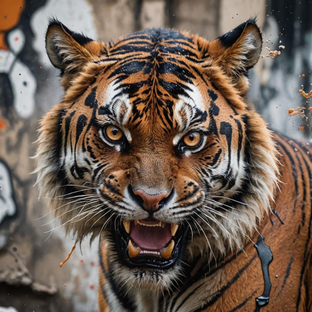 A striking close-up photo of a powerful, wild tiger. Its eye...
