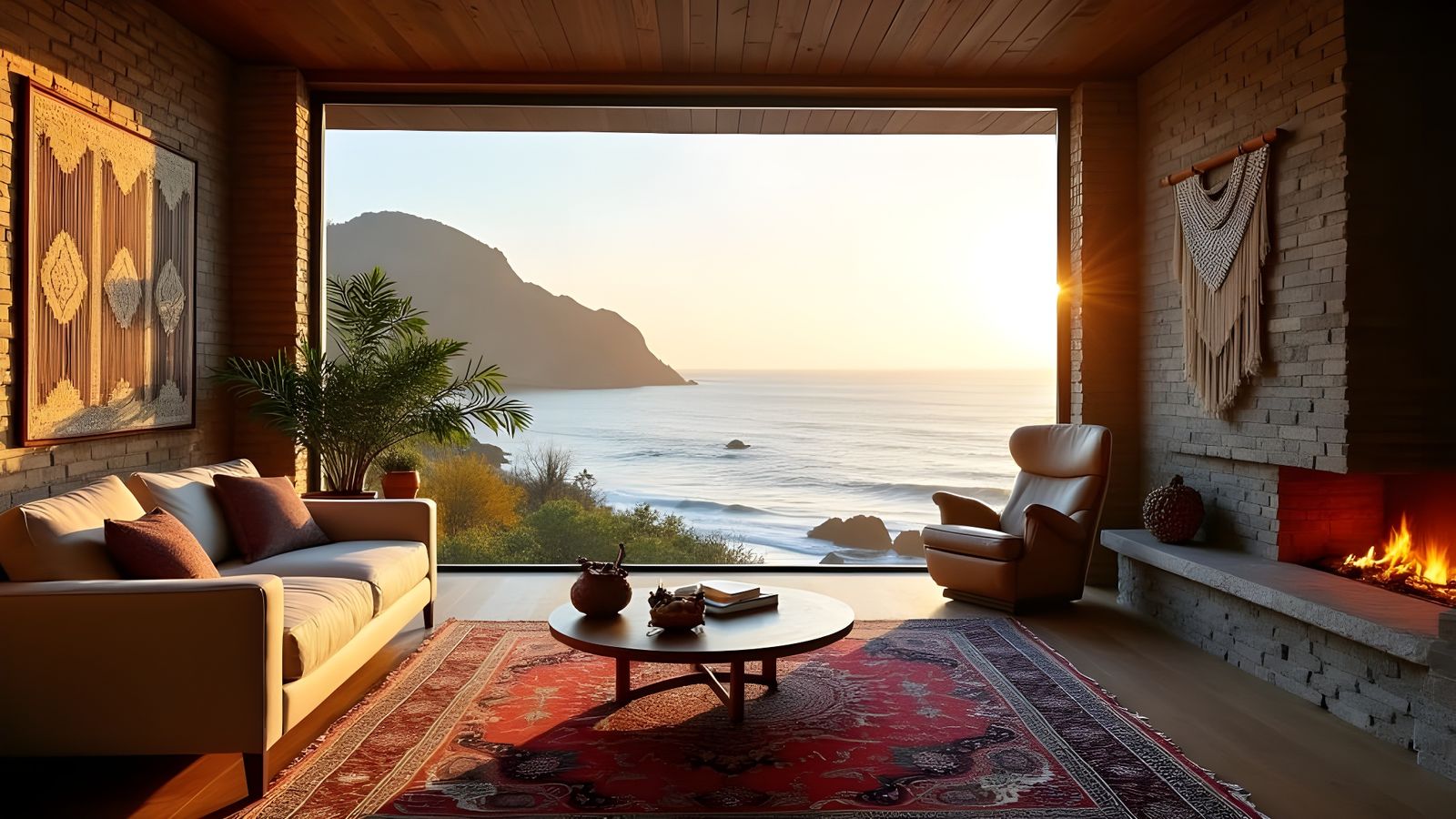 Bohemian Interior with Ocean View at Golden Hour