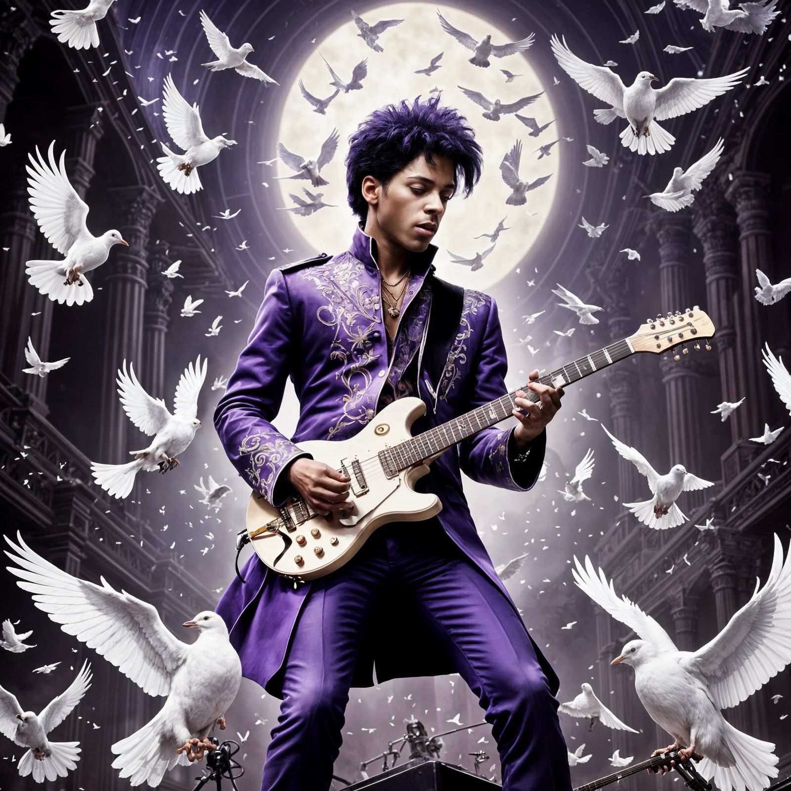 Prince Performs Under Celestial White Doves in a Vibrant Dig...