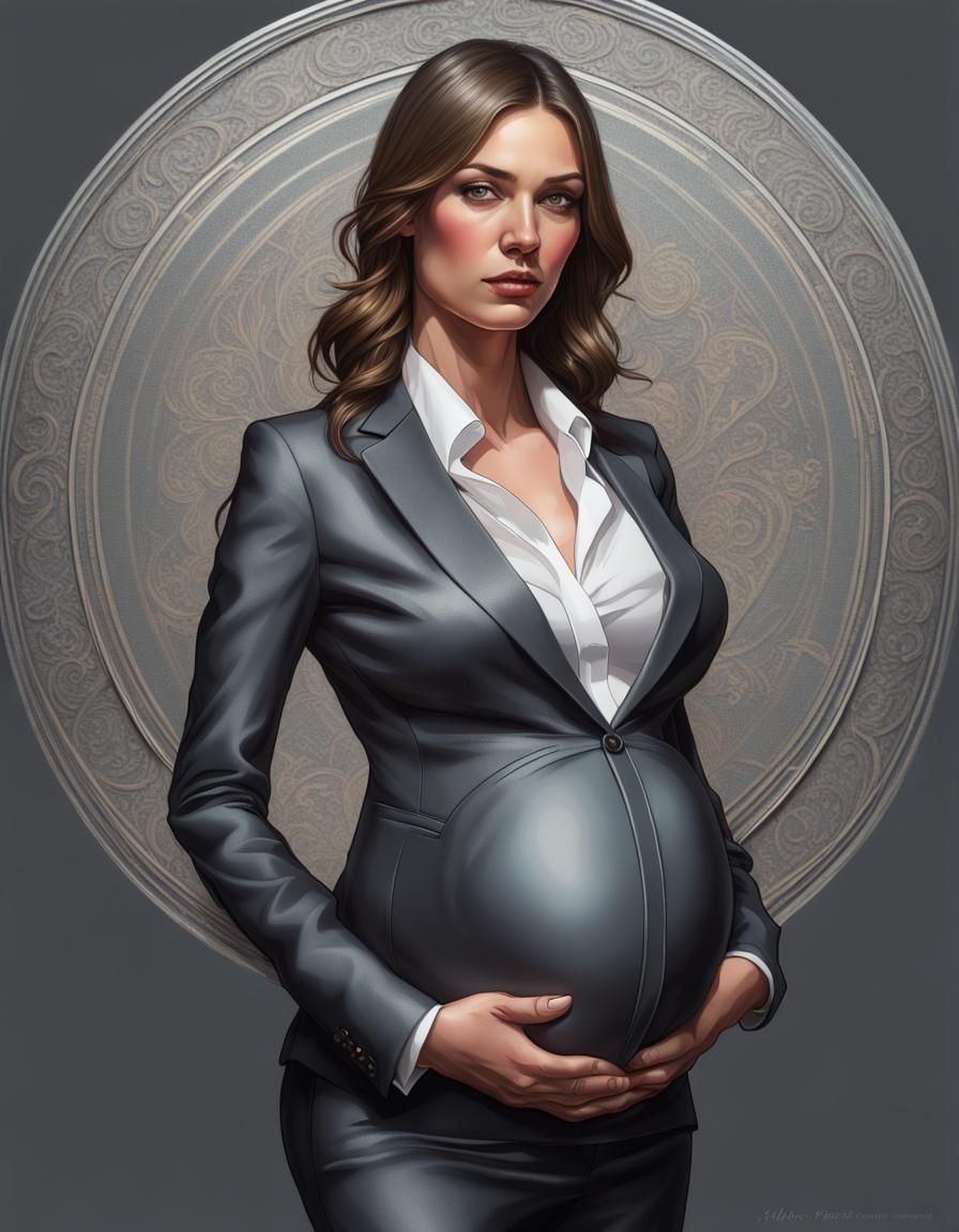 Pregnant Woman in Embroidered Suit: Photorealistic Portrait
