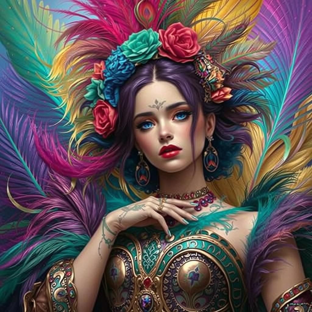 Ethereal Woman with Peacock Feather Hair, Fantasy Portrait