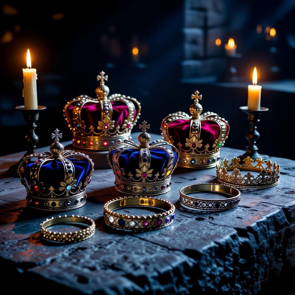 Medieval Royal Crowns on Stone Table in Candlelight
