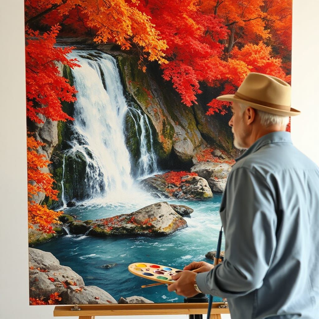 Artist Completes Autumn Waterfall Masterpiece